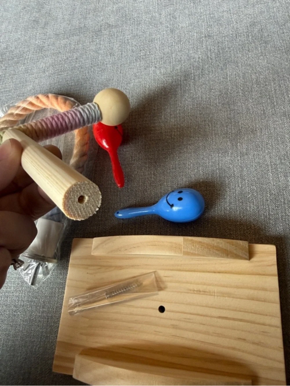 Wooden Bird Perch Play Stand with Rainbow Rope and Toys - Pastel